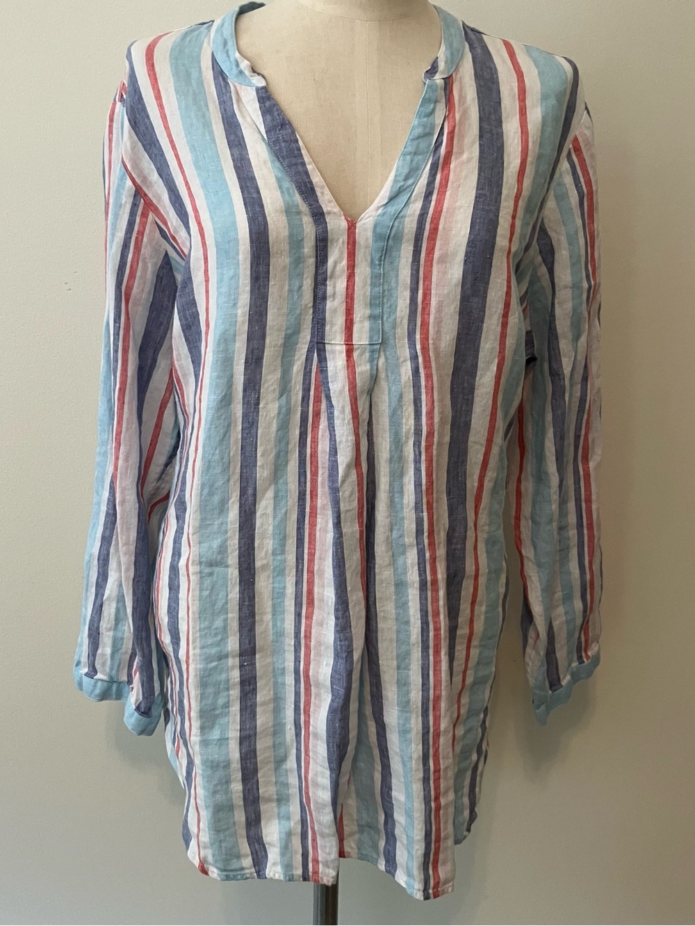 LL Bean Linen Popover Tunic Top Women's L Striped Coastal Beachy Nautical